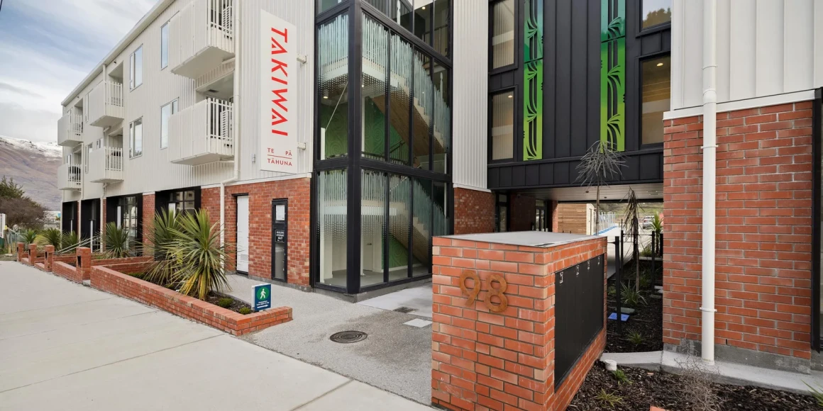 External image showing the front of Takiwai with artwork and gardens
